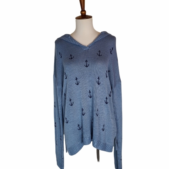 Marled Anchor Blue V-Neck Hooded Sweater Small Cozy Knit Pullover NWT - Picture 1 of 8